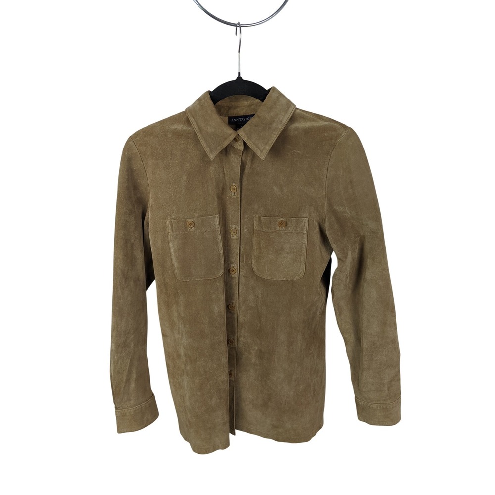 Ann Taylor Womens Brown 100% Suede Leather Button Down Shirt Jacket Small
